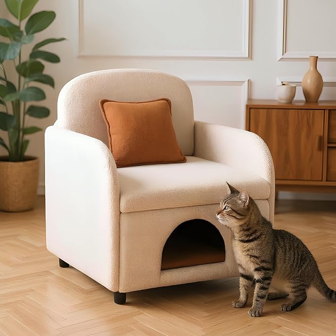 Merax 2 in 1 Pet Friendly Sherpa Upholstered Sofa Chair, Leisure Armchair, Fluffy Fabric with Lumbar Pillow for Living Room Bedroom Home and Office, Cream White