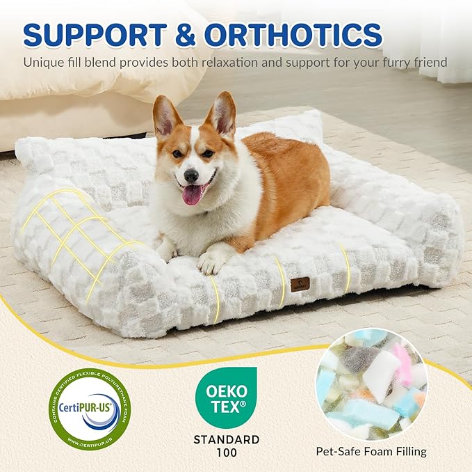 Large Dog Bed Sofa, Fluffy Pet Bed for Medium and Large Dogs, Supportive Dog Couch Sofa for Dogs, Pet Sofas with Washable Cover & Non-Slip, 38 inch, White