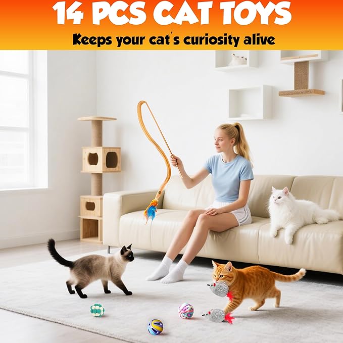 Cat Toys Set for Indoor Cats – 14PCS Cat Toys with Teaser Wand, Mouse, Ball, Spring Toys for Kittens, Interactive Cat Teaser Toys for Bored Cats Exercise and Play