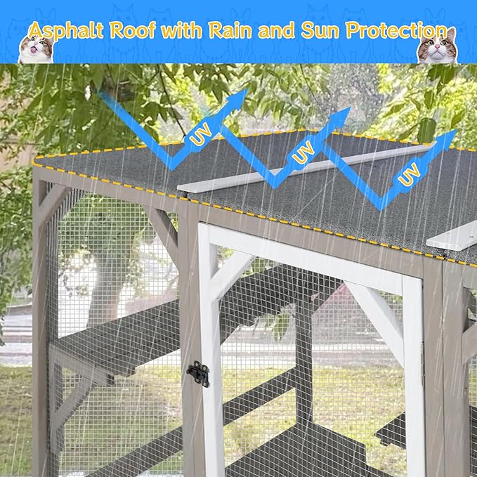 Catio Outdoor Cat Enclosure Cat House, Large Wooden Walk-in Cat Cage Condo Indoor Playpen with Multi Platforms, Flat Roof, and 2 Resting Box (Grey, 70.9" L x 36.5" W x 70.9" H)