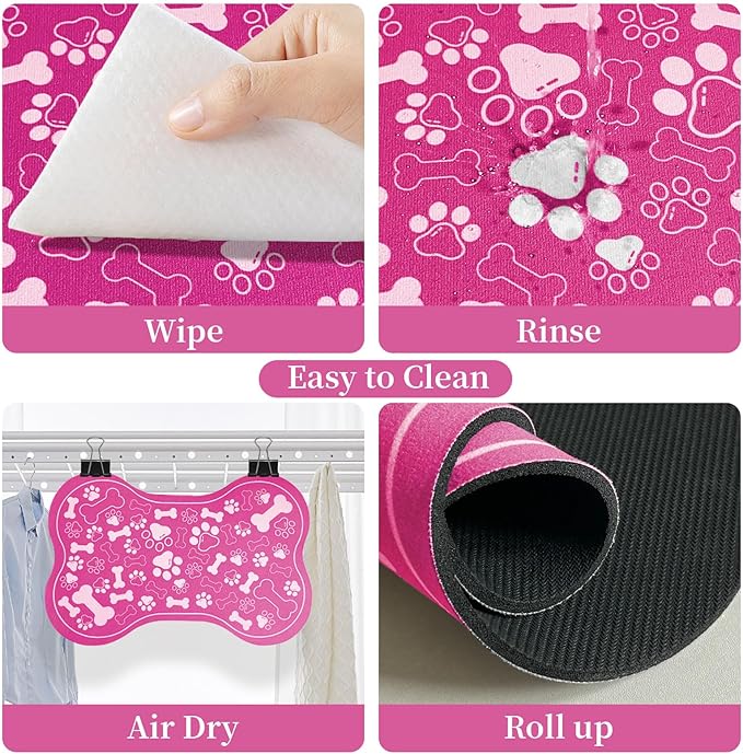 Dog & Cat Food Mat Bone Shaped Pet Feeding Mat Quick Absorb Water Bowl Placemat with Rubber Backing Indoor Floor Stain Resistant Pet Accessory Supplies (Pink, 17x29 Inches)