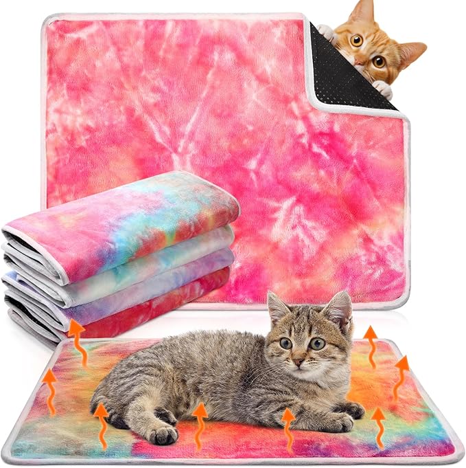 4 Pack Self Heating Cat Bed Cat Self Warming Pad with Removable Cover Extra Warm Thermal Pet Pad Washable Pet Crate Mat Anti Slip Kennel for Indoor Outdoor Pets(Tie Dye,16 x 20 Inches)