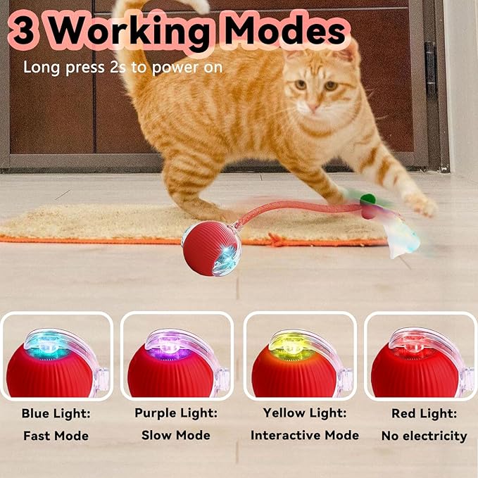 2 Pcs Interactive Cat Toys for Indoor Cats, Automatic Cat & Dog Toy with Elastic Mesh Tail, Electric Rolling Ball on Carpet, Chirping and Motion Activate Cat