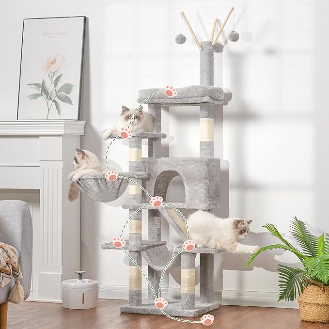 Cat Tree, Multi-Level Cat Tower for Indoor Cats, Cat Condo with Cat Scratching Post and Board, Cat Hammock, Light Gray GCT011W