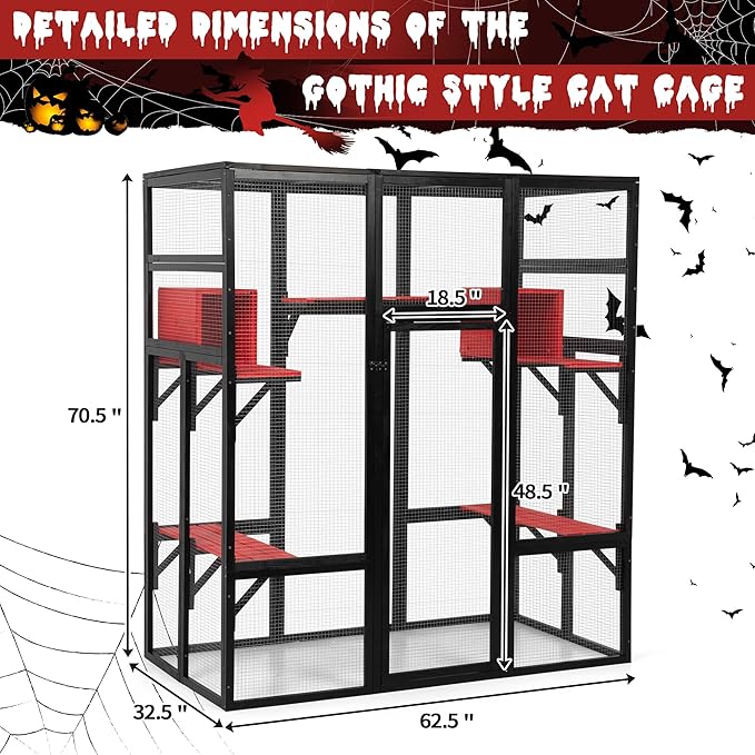 COZIWOW 70Inches Large Spacious Wooden Catio Outdoor Cat Enclosure with Perches and Condos, Cat Cage Indoor with Waterproof Roof, 7 Platforms & 2 Resting Box, UV Resistant (Gothic)