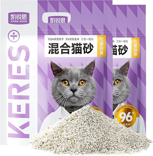 KERES Cat Litter Mixed- Ultra Absorbent, 99% Dust-Free, Advanced Odor Control, Fast-Clumping, Natural Clay & Tofu Blend, Low Tracking, Multi-Cat Formula (4.4lb*2bag)