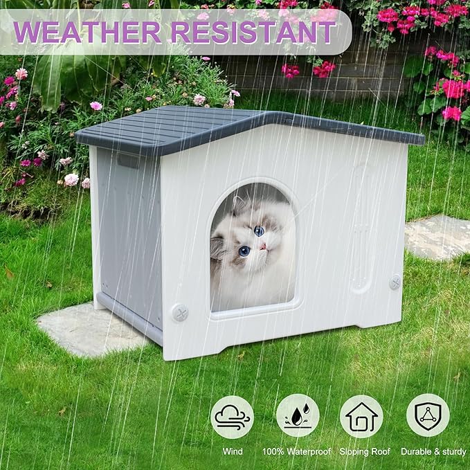 Rockever Plastic Outdoor Cat House with Escape Door, Waterproof Cat Shelters for Feral Cats Indoor Cat House with Mat, Sturdy Cat House for Outdoor Cats, Assemble Easily-Grey
