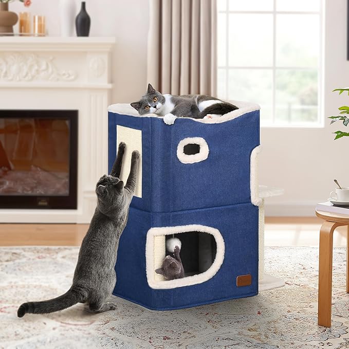 YITAHOME 2-Tier Cat House, Indoor Cat Cave Bed Playhouse, Cat Tunnels with Scratch Pad and Hideaway Cube, Cute Modern Cat Condo Furniture for Multi Small Cats, Extended (Blue)