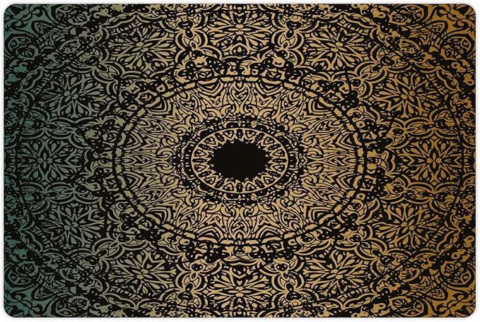 Lunarable Mandala Pet Mat for Food and Water, Round Design Detailed Floral Pattern in Earthy Tones, Non-Slip Rubber Mat for Dogs and Cats, 18" X 12", Fern Green