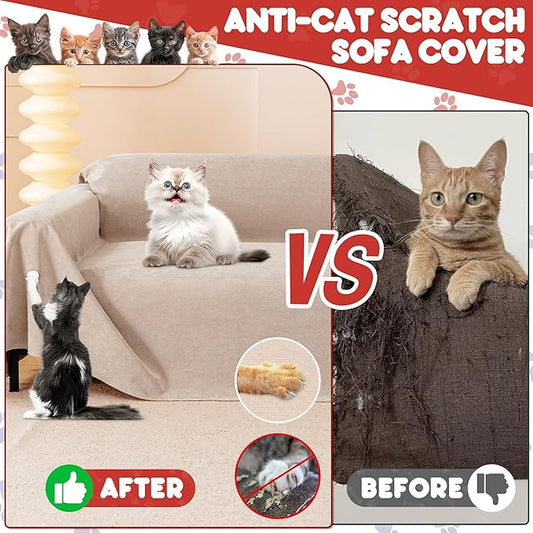 Cat Scratch Furniture Protector - Anti-Slip, Waterproof Sofa Cover to Keep Cats Off, Pet-Friendly Couch Protectors for 3 Cushion Couch, Khaki Anti-Scratch Couch Cover for Pets and Kids 150"X71"