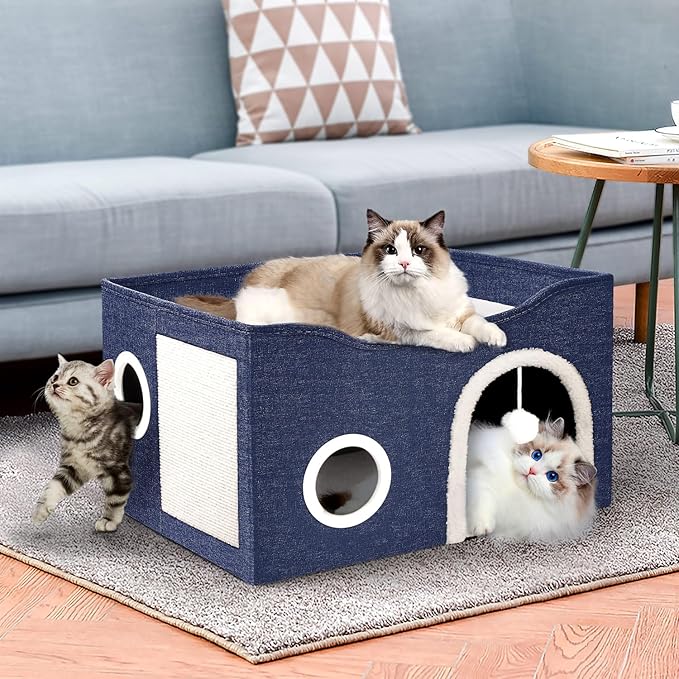 Heeyoo Cat House for Indoor Cats - Large Cat Bed Cave with Fluffy Ball and Scratch Pad, Foldable Cat Houses & Condos, Cat Cubes, Cat Hideaway, Covered Cat Bed for Multi Small Pet Large Kitty