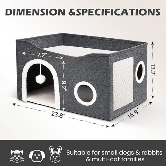 Heeyoo Cat House for Indoor Cats - Large Cat Bed Cave with Fluffy Ball and Scratch Pad, Foldable Cat Houses & Condos, Cat Cubes, Cat Hideaway, Covered Cat Bed for Multi Small Pet Large Kitty