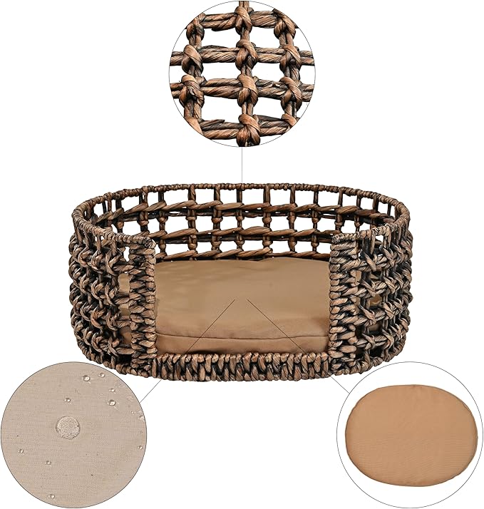 DBD4000B Gigi 24" x 18" Modern Bohemian Handwoven Hyacinth Open-Weave Oval Pet Bed with Machine-Washable Cushion, Brown