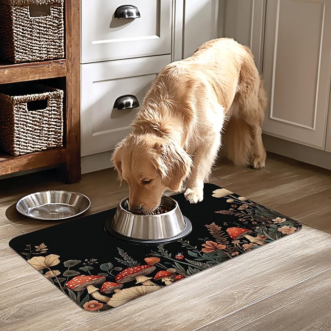 Vintage Mushroom Flower Pet Cat Dog Food Mat-Absorbent Quick Dry Feeding Placemat for Water and Food, No Stains Rubber Base Mat for Indoor Use, Pet Accessories 16"x24"
