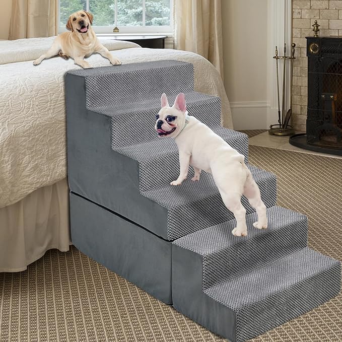 Dog Stairs for High Beds 28-30 inches Tall, 6-Step Dog Stairs for Small Large Dogs/Cats, Foam Dogs Steps/Ramp for High Bedsides/Couch, Non-Slip Balanced Pet Step/Pamp/Ladder for Bed, Grey