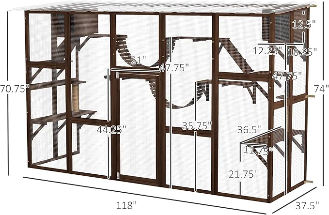 PawHut Catio Outdoor Cat Enclosure Window, Outdoor Cat House with Weather Protection Roof for Multiple Kitties, Wooden Frame, Shelves & Bridges, 118" x 37.5" x 74", Coffee Brown