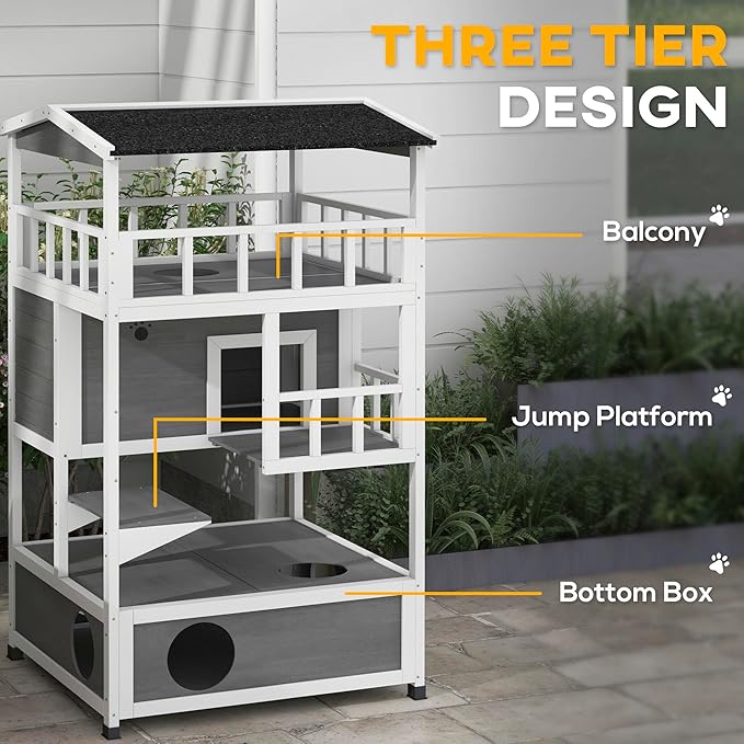 PawHut Wooden Outdoor Cat House, Feral Cat Shelter Kitten Condo with Asphalt Roof, Escape Doors, Condo, Jumping Platform, Light Gray