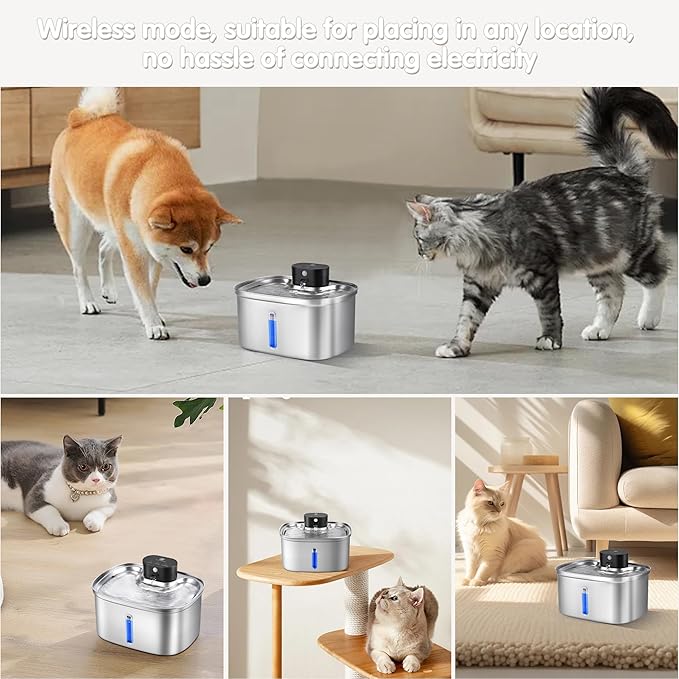 Wireless Cat Water Fountain Stainless Steel, 169oz/5L Cordless Smart Pet Water Fountain with 5000mAh Battery & Ultra Quiet Pump, Automatic Pet Water Dispenser for Cats & Dogs, 3 Filters