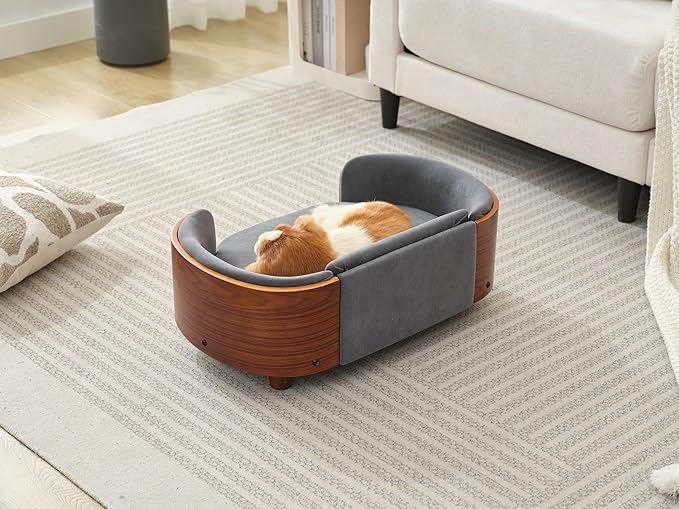 HomSof 26.38" Scandinavian Style Elevated Dog Cat Bed Pet Sofa with Solid Wood Legs and Bent Wood Back with Velvet Cushion,Small Size，Grey+Brown