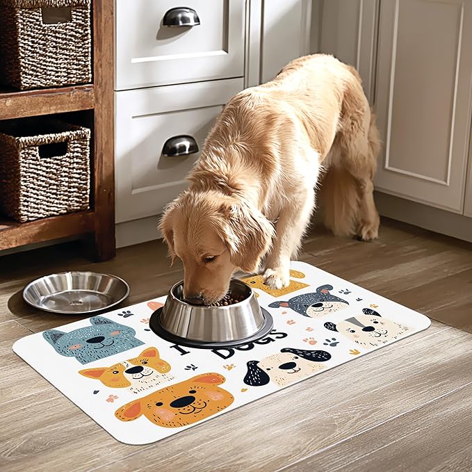 Cute Dogs Pet Cat Dog Food Mat-Absorbent Quick Dry Feeding Placemat for Water and Food, No Stains Rubber Base Mat for Indoor Use, Pet Accessories 16"x24"