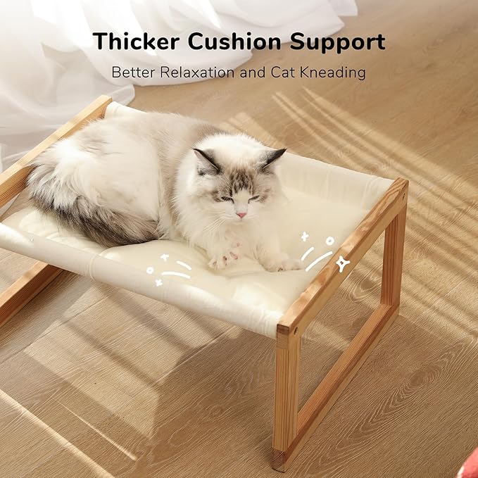 FUKUMARU Cat Bed with Removable Cover, Plush Velvet Couch for Indoor Cats, Wooden Feline Hammock, 21 x 16.5 Inch Kitten Sofa, Suitable for Kitty, Dog, Bunny and Small Animal, White
