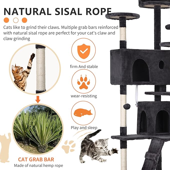 BestPet | 70" Cat Tree Tower | Dark Gray | Sturdy, Easy to Assemble, Multi-Level Activity Center with Sisal Scratching Posts, Condos, Perches, Hanging Cat Toys, Observation Decks & Ladder