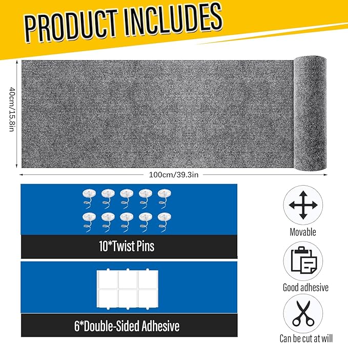 Cat Scratch Couch Furniture Protector, Adhesive Cat Scratch Pad Deterrent for Furniture, DIY Climbing Scratcher for Indoor Cats (Light Grey, 39.3x15.8 in)