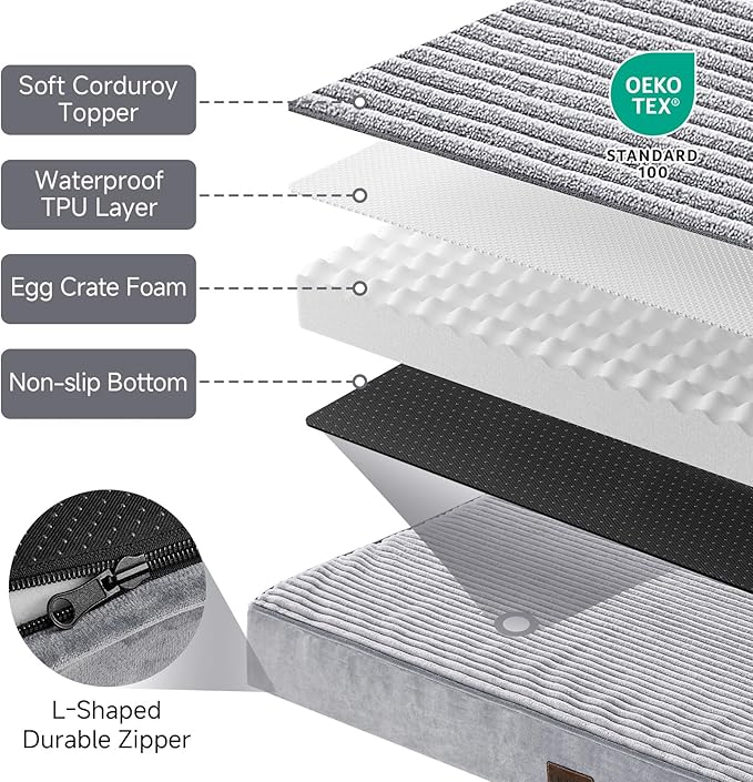 OhGeni Orthopedic Waterproof & Machine Washable Dog Bed for Large Pets, Suitable for Crates, 25D Egg Crate Foam, Non-Slip Bottom & Removable Cover, Corduroy Fabric, 41 Inches(Gray)