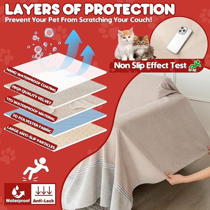 Loiion Cat Scratch Furniture Protector - Anti-Slip, Waterproof Sofa Cover to Keep Cats Off, Pet-Friendly Couch Protectors for 3 Cushion Couch, Anti-Scratch Couch Cover for Pets and Kids 118"X91"Khaki