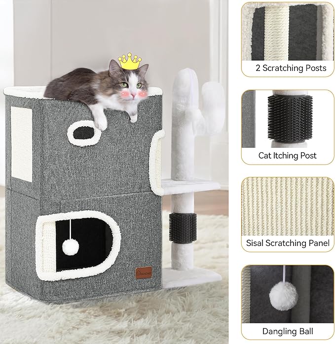YITAHOME 2-Tier Cat House, Cat Beds for Indoor Cats, Small Cat Condo with Highway Cave, Scratch & Itching Post, Clmibing Stand, Modern Cat Cube Playhouse for Multi Kittens, Grey