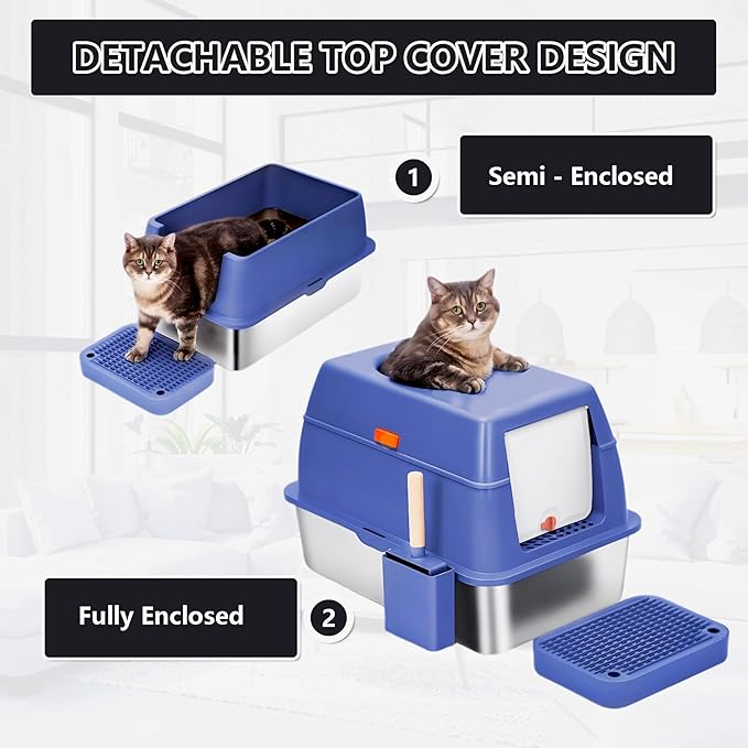 Stainless Steel Cat Litter Box with Lid Extra Large Open-Top Dual Entry Enclosed Metal Pan Tray with High Sides Pedal Scoop Non-Stick Anti-Leakage Easy Cleaning for Big Multi-Cat (Blue)