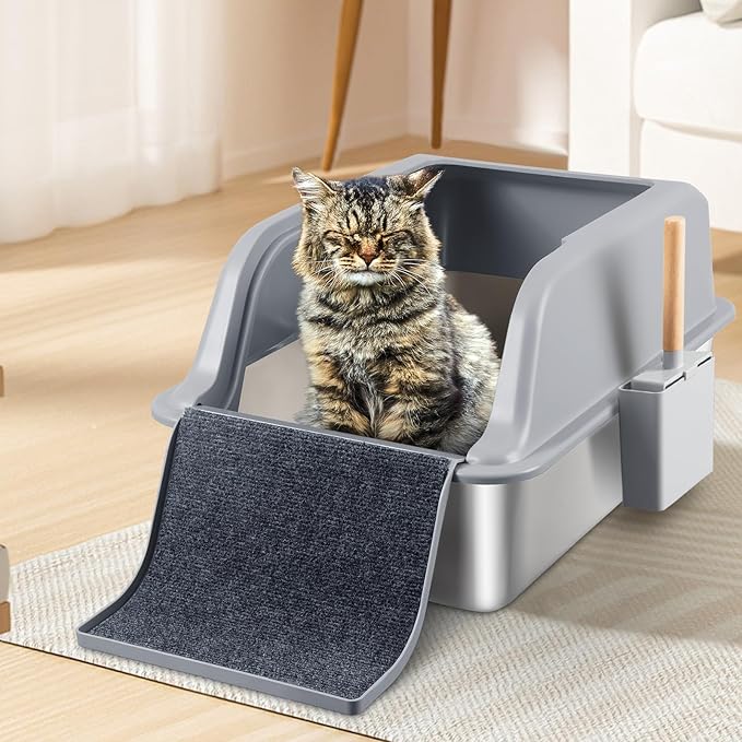 XL Stainless Steel Litter Box with Lid, 24"x16"x12" Extra Large Cat Litter Box High Sides with Ladder, Anti-Urine Leakage Metal Litterbox for Senior Elderly Cats, Never Absorbs Odors, Non-Stick
