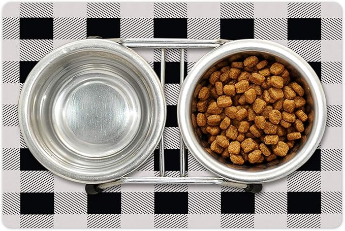 Lunarable Plaid Pet Mat for Food and Water, Monochrome Traditional Lumberjack Pattern Repating Checkered Squares Design, Non-Slip Rubber Mat for Dogs and Cats, 18" X 12", Grey Black