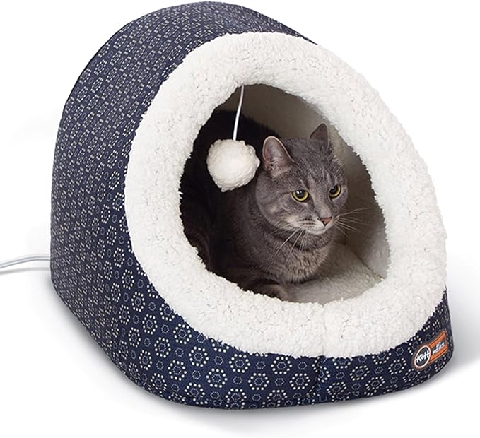 K&H Pet Products Thermo-Pet Cave Heated Cat Bed for Large Cats, Indoor Heated Warming Bed for Dogs & Cats, Covered Cave Pet Tent, Collapsible, Machine Washable, Safety Listed - 17 X 15 X 13in Navy