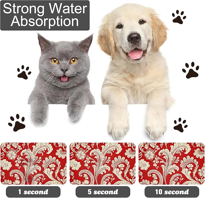 Red White Paisley Dog Food Mat-Absorbent Pet Feeding Mat for Food and Water Bowl, Quick Dry Dog Placemat with Rubber Backing-No Stains Pet Supplies for Messy Drinkers 16"x24"