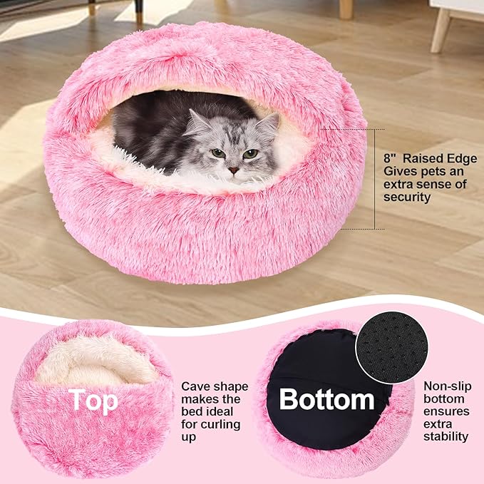 Calming Dog Beds & Cat Cave Bed with Hooded Cover,Removable Washable Round Beds for Small Medium Pets,Anti-Slip Faux Fur Fluffy Coved Bed for Improved Sleep,Fits up to 15/25 lbs(Pink,S)