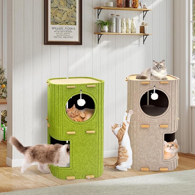 Homegroove Cat House for Indoor Cats, 2-Storey Cozy Felt Cat Bed Cave with Tunnel Hideaway, Large Multi-Cat Condo for Rest & Play (Green, Large)