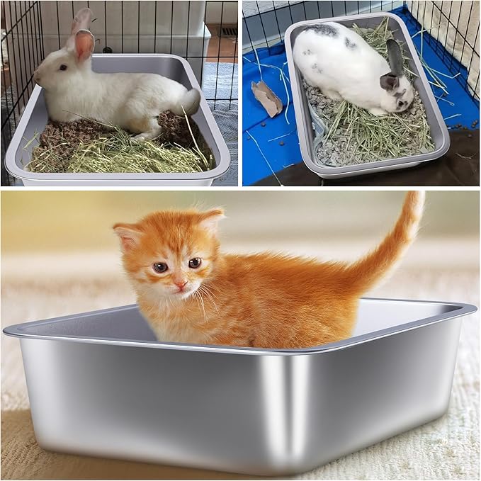 Stainless Steel Litter Box for Kitten 2 Pack,15.7"×11.8"×4" Small Litter Box for Kittens Easy Entry, Non Odor, Easy to Clean, Metal Litterbox for Cat, Rabbit, Ferrets, Guinea Pigs