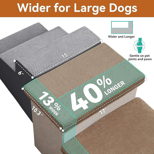 Dog Stairs with Furry Lids 18" H, 3-Step Wider Dog Steps with Storage for Small/Medium/Large Old Dogs Cats, Folding Sturdy Pet Stairs Climbing Bed Couch, Ramp for Car Up to 200 lbs, Khaki
