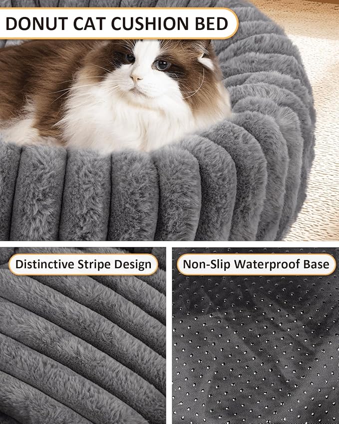 Round Cat Bed Kitten Beds, Gray Donut Small Cats Bed, Washable Super Soft Plush Faux Fur Pet Beds with Anti-Slip Bottom, 20x20x7 Inch Cat Cave Beds Calming Bed Cute Puppy Beds for Indoor