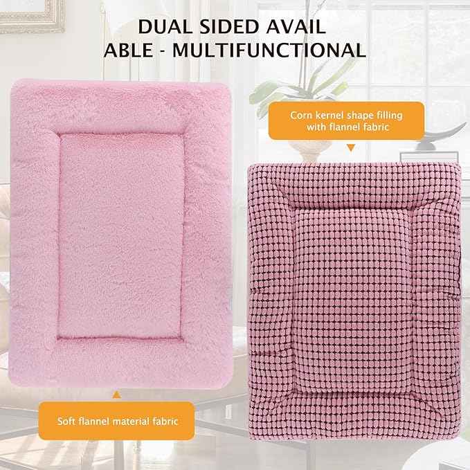 Reversible Dog Bed Mat with Plush and Corn Velvet,Soft Warm Pet Cushion, Dual Purpose Washable Sleeping Mattress Bed for Small Medium Large Dog and Cat XB004 (42"x28", Pink)