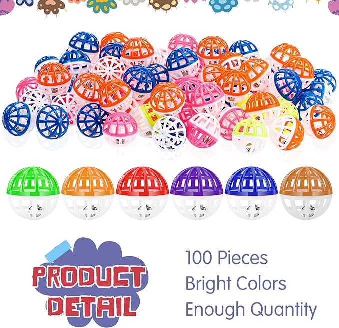 Hungdao 100 Pieces Cat Toys Balls, Plastic Lattice Balls Small Crinkle Cat Toys Assorted with Bell for Kitten Kitty PET Chase Pounce Rattle Play Toys, Assorted Color