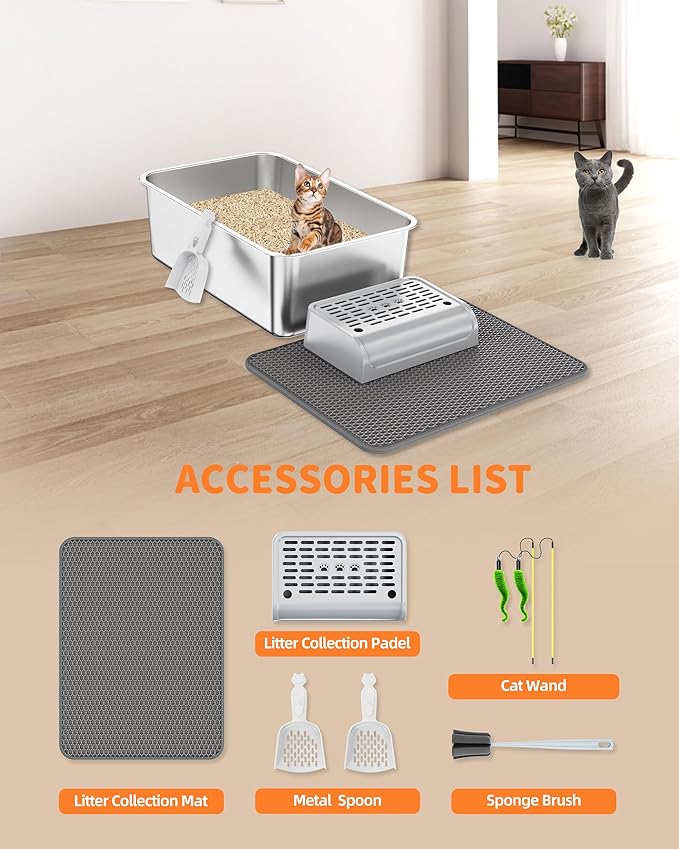 Stainless Steel Litter Box Set- [6-in-1] Extra Large Cat Litter Box with Pedal, Mat, Scoop, Brush, Wands, Non-Sticky Metal Litter Box for Cat, Kitt, Odorless, Easy Clean (23.6"x15.7"x8", 2 Pack)