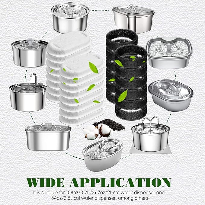 Hoolerry 32 Pcs Cat Fountain Filter Includes 16 Pet Replacement Filters 16 Sponges Compatible with Stainless Steel Pet Water Dispenser 108oz/3liter, 67oz/2liter