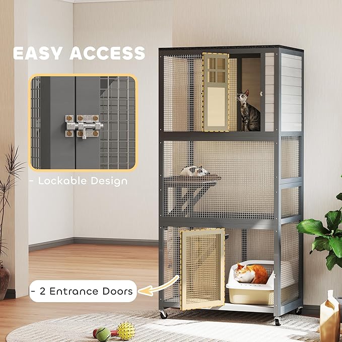 PawHut 74" Wooden Catio Outdoor Cat Enclosure Weatherproof & Wheeled, Outside Cat House with High Weight Capacity, Kitten Cage Condo, Dark Gray