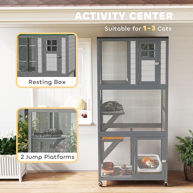 PawHut 74" Wooden Catio Outdoor Cat Enclosure Weatherproof & Wheeled, Outside Cat House with High Weight Capacity, Kitten Cage Condo, Dark Gray