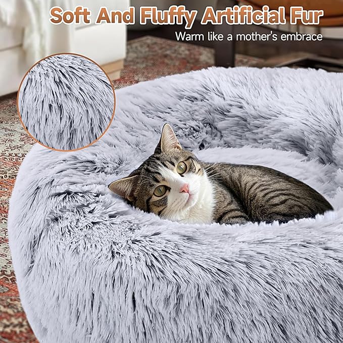 Calming Dog & Cat Bed 2 Pack, 20'' Cat Beds for Indoor Cats, Donut Bed for Puppy and Kitten, Washable Round Fluffy Pet Bed for Small Medium Dogs and Cats (Brown&Grey)