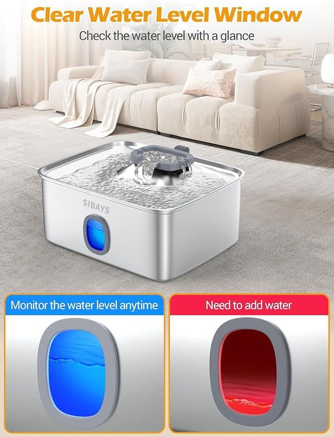SIBAYS 4Gal/15L Large Dog Water Fountain, Stainless Steel Pet Fountain with Water Window & LED Light, Ultra Quiet Automatic Dog Water Bowl Dispenser for Large Dogs & Multi-pet, Easy to Clean(FS76)