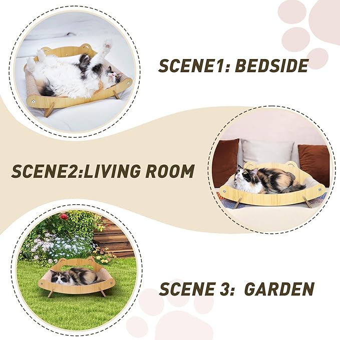 Cat Scratcher Bed for Large Indoor Cats – Natural Sisal Rope & Wooden Frame Scratch Pad, Durable Recliner Chair, Stylish Fluffy Cat Couch & 2-in-1 Play Lounger Furniture Featuring a Hammock (Large)