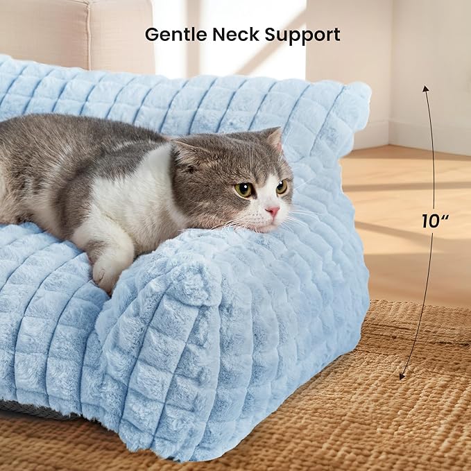 Cute Cat Couch Bed – Supportive & Fluffy Pet Sofa with Faux Rabbit Fur Washable Cover in 3D Diamond Pattern, 24" Light Blue